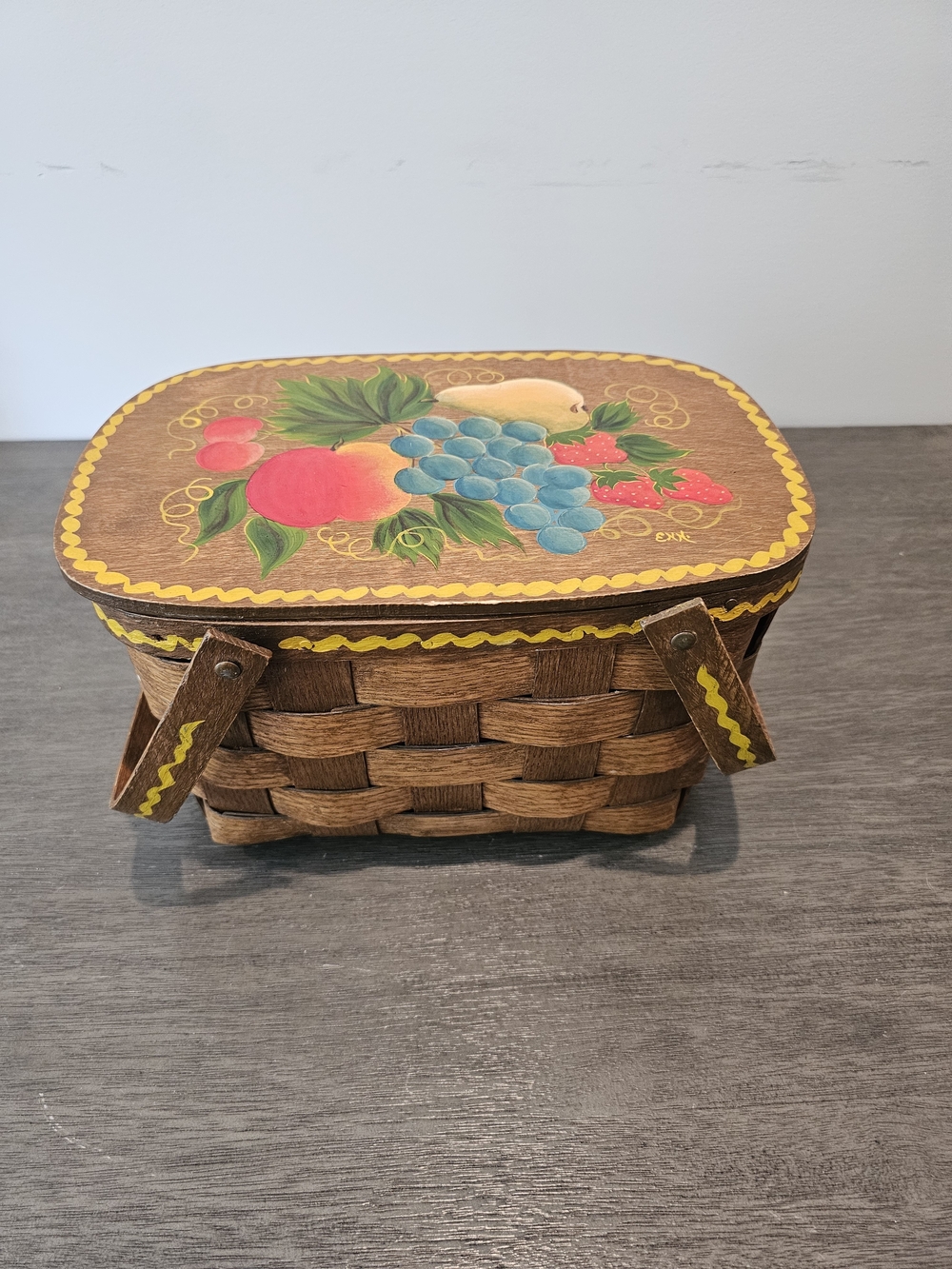 Vintage Hand-Painted Hand Woven Basket with Fruit Motif